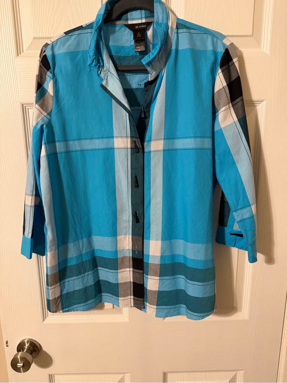 Ali Miles Turquoise Plaid Button-Up Top